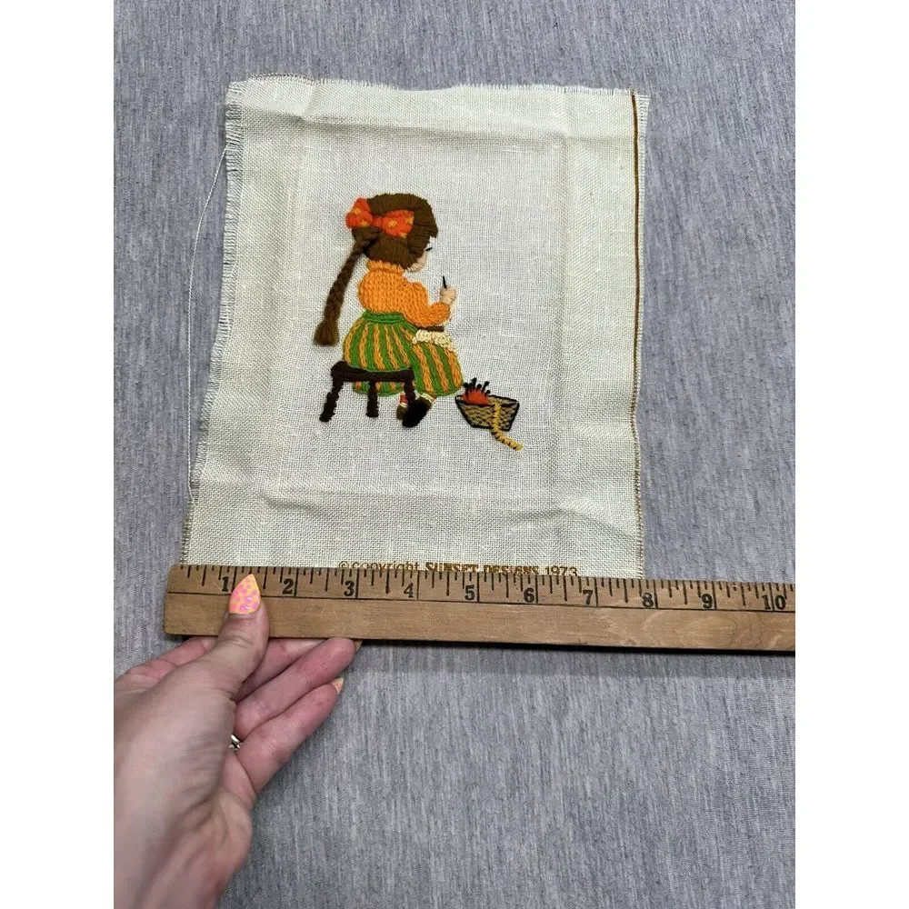 Vintage‎ Finished Sunset Designs Little Girl 70s Needlepoint Wall Art